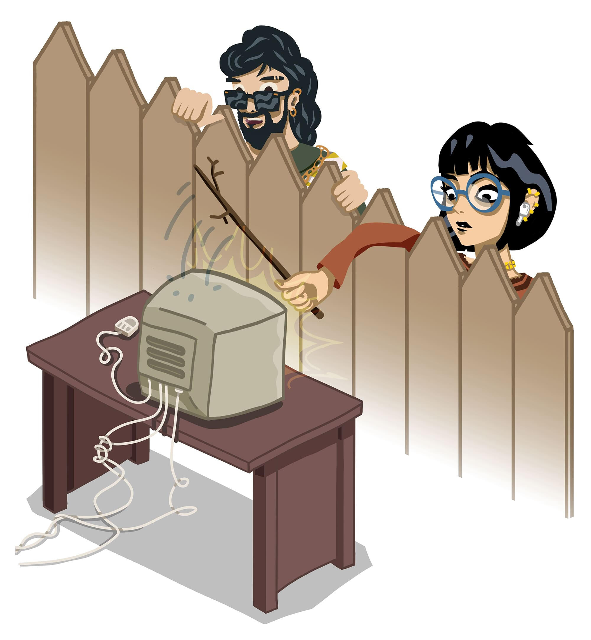 Medieval Chaos Medieval characters attacking a strange machine – humorous artwork from Kings & Peasants